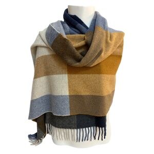 Linea Emmeti 🇮🇹 Fine Merino Wool Wrap – Made in Italy, Blue & Camel Plaid, NWT